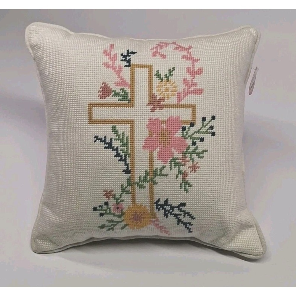 Needlepoint Pillow 14 X 14 with Cross And Floral Design - White Religious/Easter